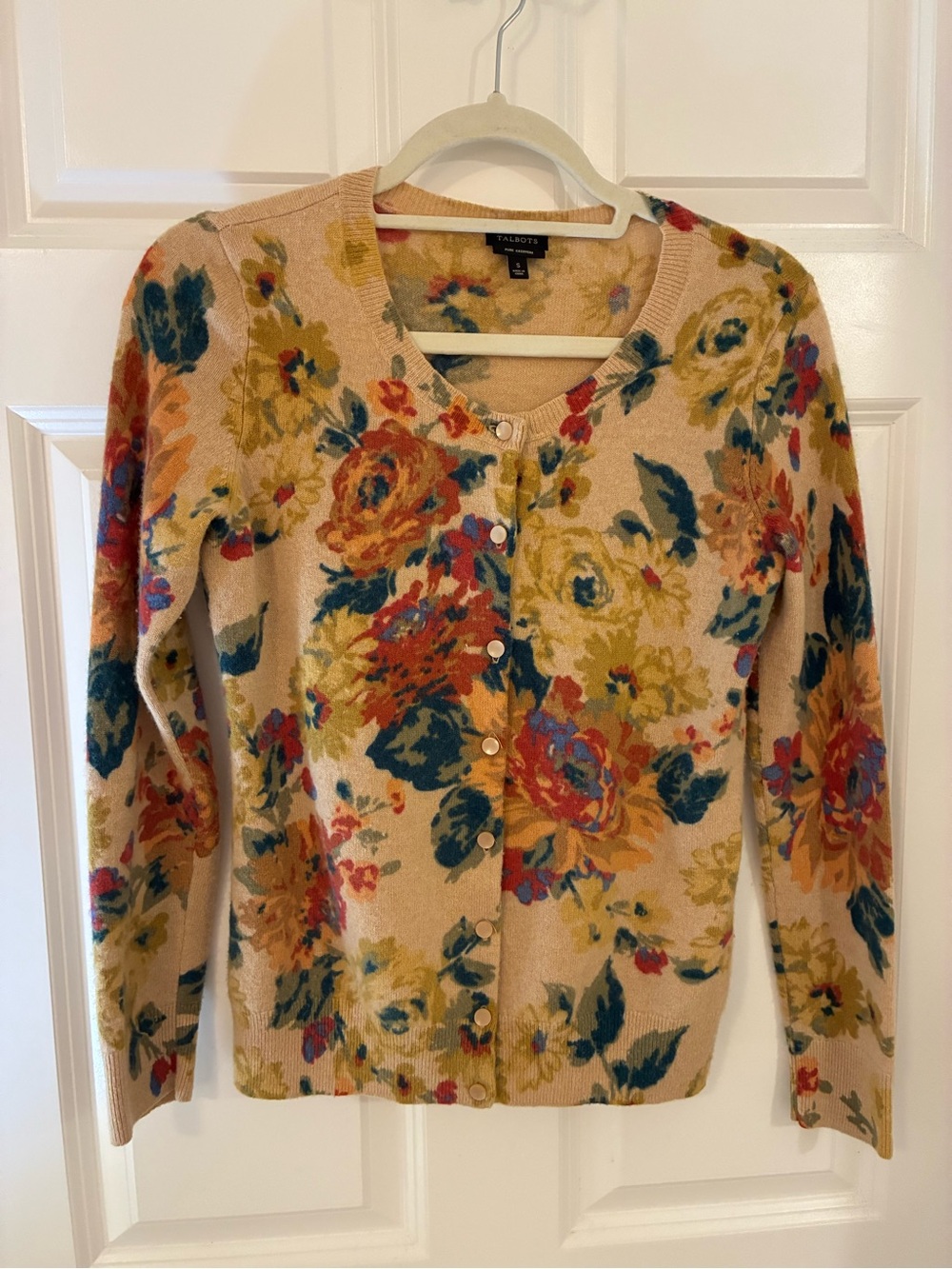 Talbots Pure Cashmere Beige Floral Crewneck Cardigan Roses Vintage 2013